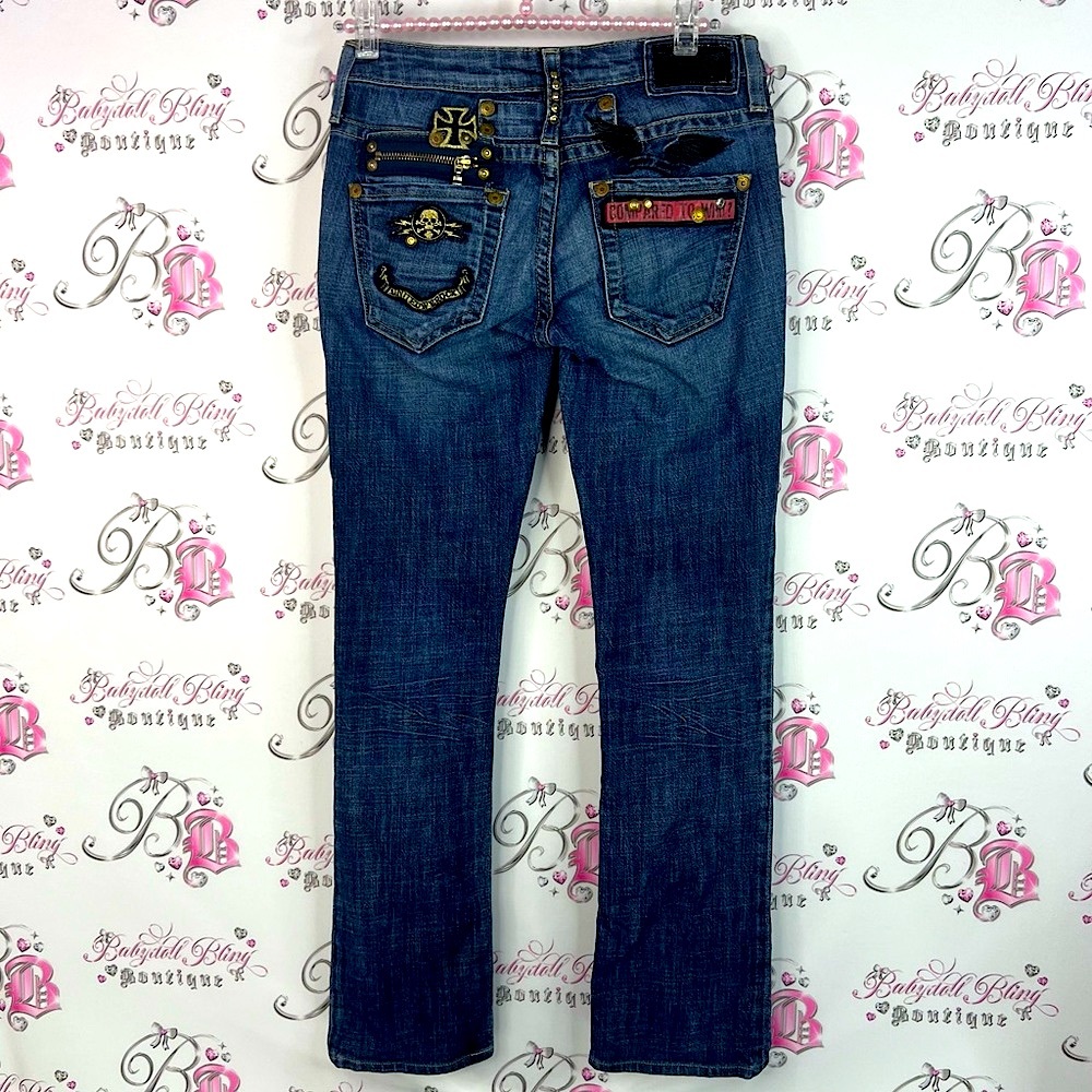 Robin's Jean patchwork jeans skulls. Rosses wings Dark Blue Straight Leg Jeans